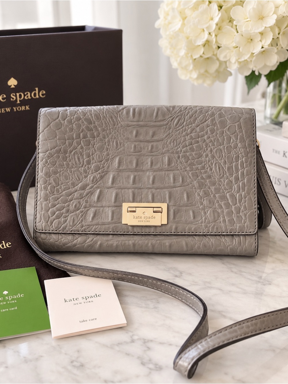 kate spade Croc-Embossed Leather Crossbody Bag in Gray